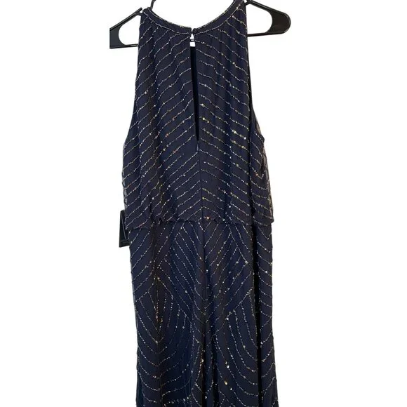 Adrianna Papell 18 Bead Halter Blousen Gown Navy Dress Art Deco Formal NwD - Picture 13 of 14